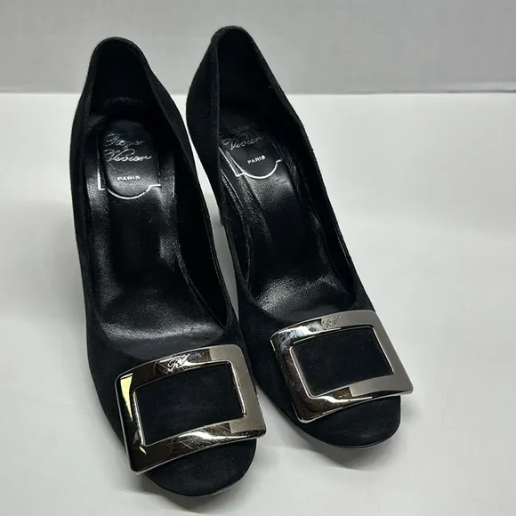 Roger Vivier High Heel Shoes Suede Pumps Round Toe Square Logo Black Size 36.5