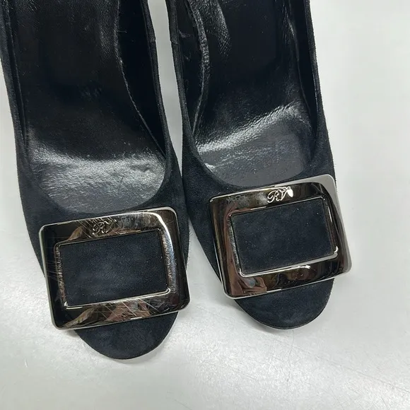 Roger Vivier High Heel Shoes Suede Pumps Round Toe Square Logo Black Size 36.5