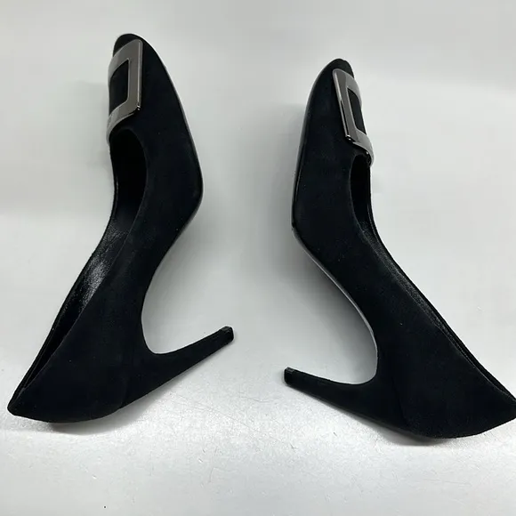 Roger Vivier High Heel Shoes Suede Pumps Round Toe Square Logo Black Size 36.5