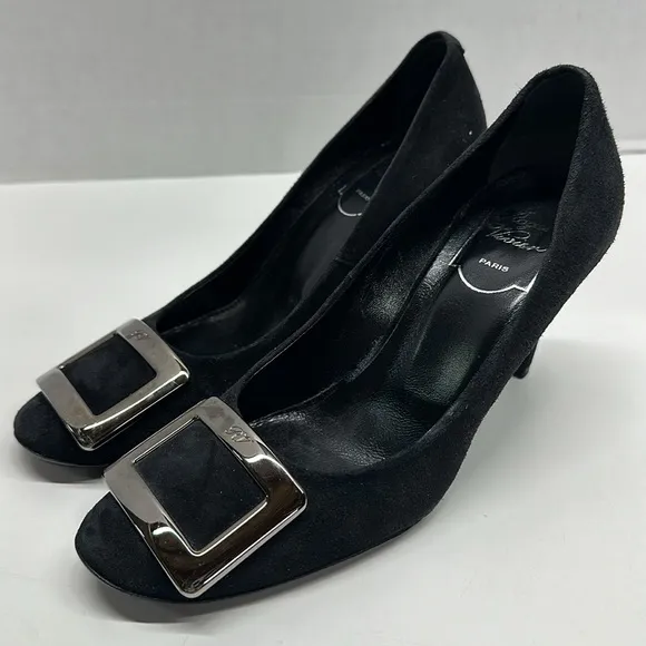 Roger Vivier High Heel Shoes Suede Pumps Round Toe Square Logo Black Size 36.5