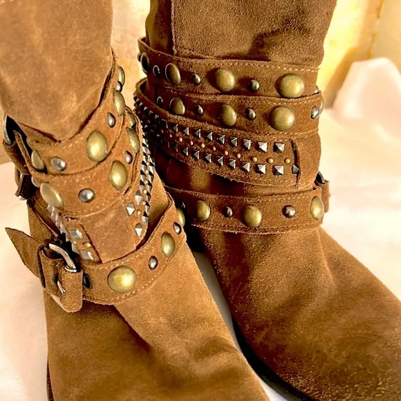 Russell &amp; Bromley Rodeo Stud Rockafella Boot Caramel Leather Italy 39.5 8.5-9