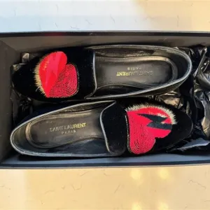 Saint Laurent Black Velvet Amor Heart Smoking Shoes