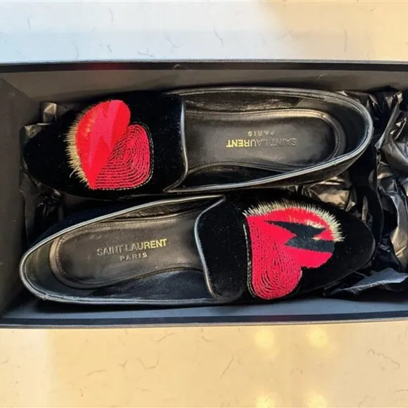 Saint Laurent Black Velvet Amor Heart Smoking Shoes