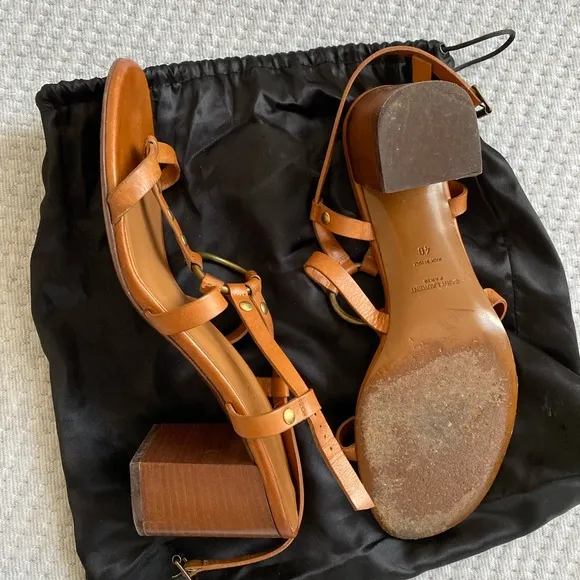 SAINT LAURENT CAMEL TAN STRAP HEEL SANDALS GOLD ACCENTS 40