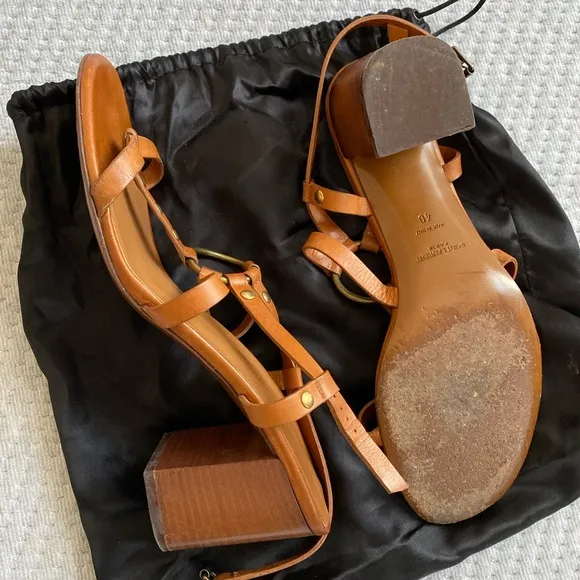 SAINT LAURENT CAMEL TAN STRAP HEEL SANDALS GOLD ACCENTS 40