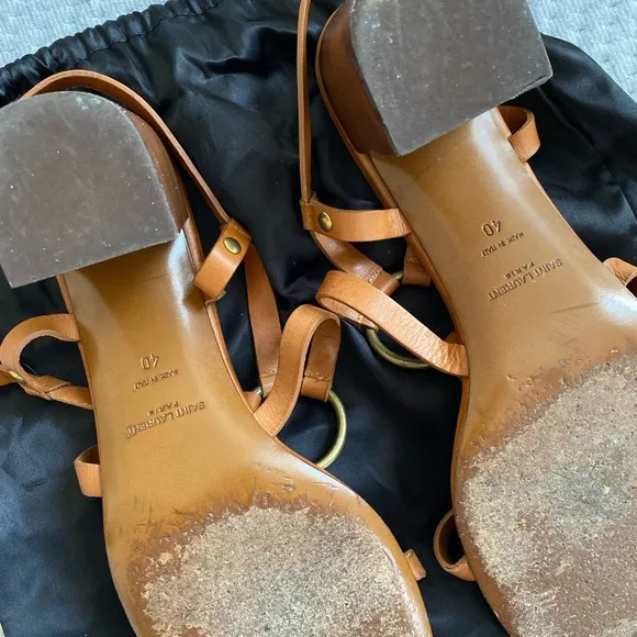 SAINT LAURENT CAMEL TAN STRAP HEEL SANDALS GOLD ACCENTS 40