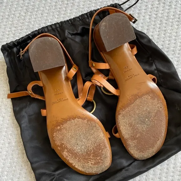SAINT LAURENT CAMEL TAN STRAP HEEL SANDALS GOLD ACCENTS 40