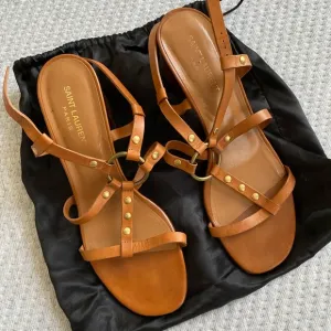 SAINT LAURENT CAMEL TAN STRAP HEEL SANDALS GOLD ACCENTS 40