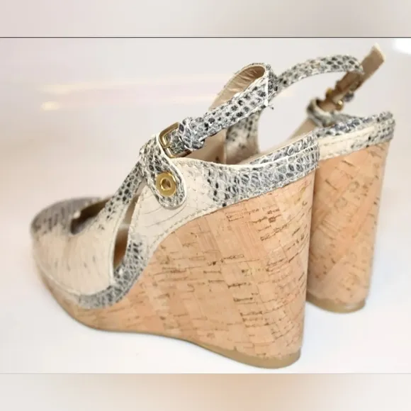 Sale STUART WEITZMAN Snakeskin Leather Slingback Peep Toe cork Wedge Heels
