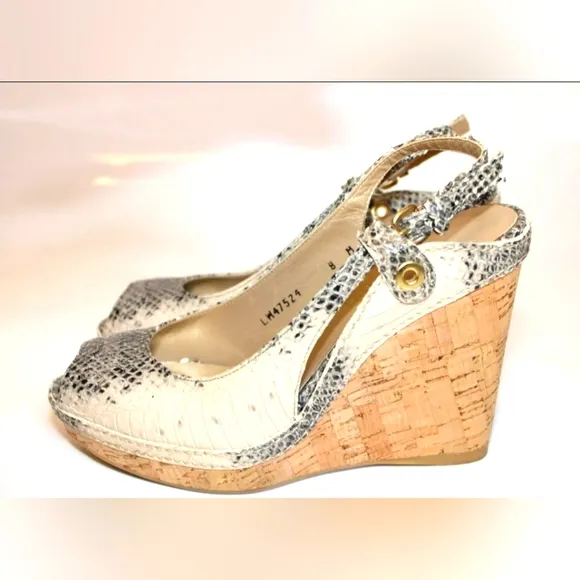 Sale STUART WEITZMAN Snakeskin Leather Slingback Peep Toe cork Wedge Heels