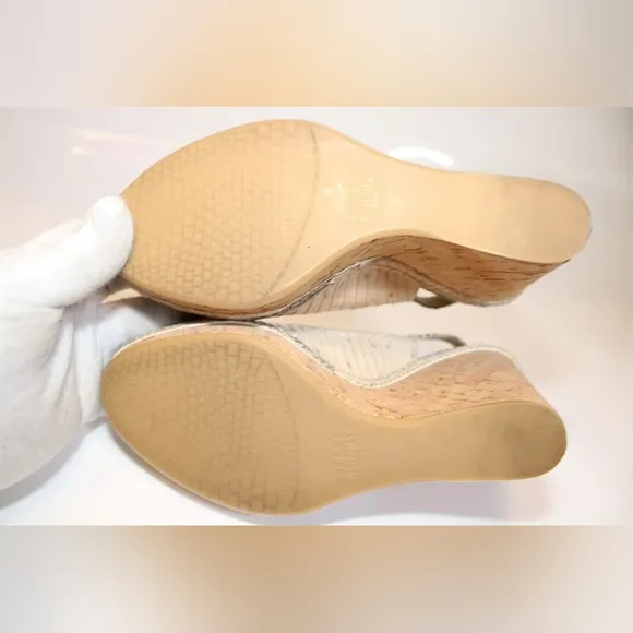 Sale STUART WEITZMAN Snakeskin Leather Slingback Peep Toe cork Wedge Heels