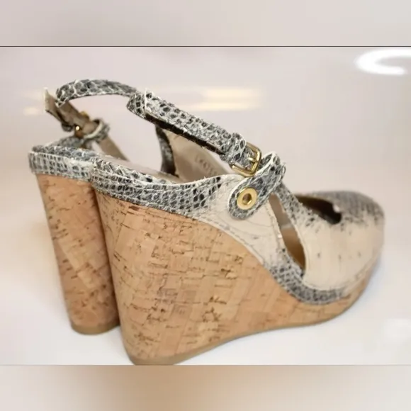Sale STUART WEITZMAN Snakeskin Leather Slingback Peep Toe cork Wedge Heels