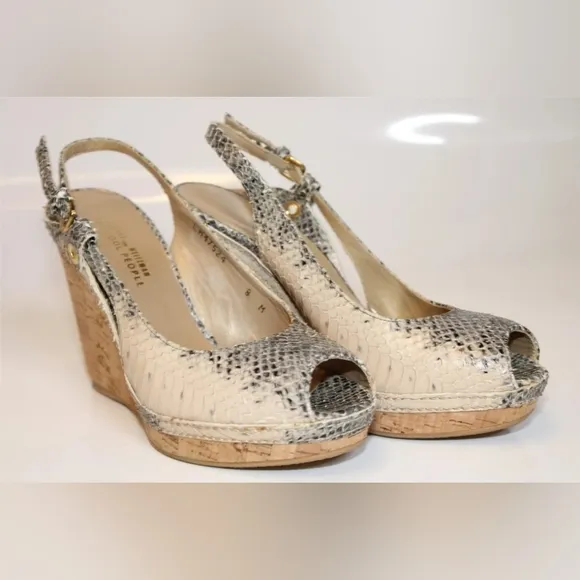 Sale STUART WEITZMAN Snakeskin Leather Slingback Peep Toe cork Wedge Heels