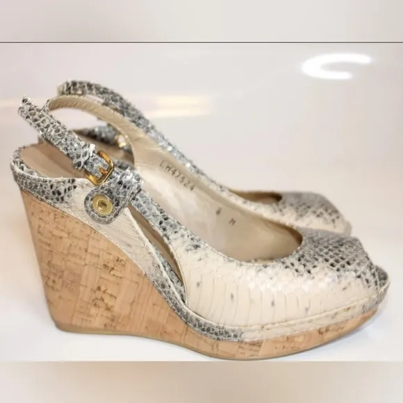 Sale STUART WEITZMAN Snakeskin Leather Slingback Peep Toe cork Wedge Heels