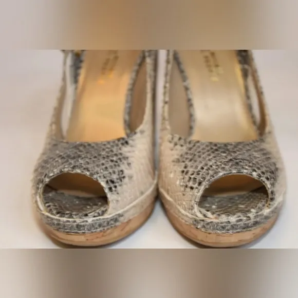 Sale STUART WEITZMAN Snakeskin Leather Slingback Peep Toe cork Wedge Heels