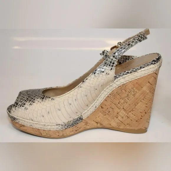 Sale STUART WEITZMAN Snakeskin Leather Slingback Peep Toe cork Wedge Heels