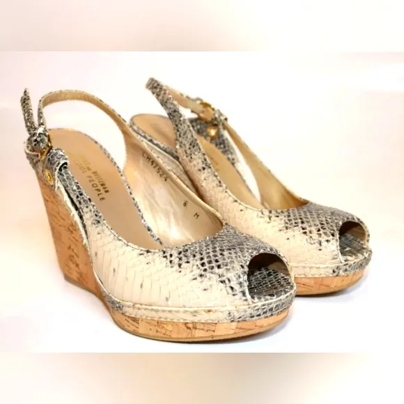 Sale STUART WEITZMAN Snakeskin Leather Slingback Peep Toe cork Wedge Heels