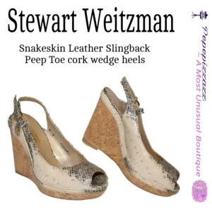 Sale STUART WEITZMAN Snakeskin Leather Slingback Peep Toe cork Wedge Heels