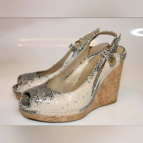 Sale STUART WEITZMAN Snakeskin Leather Slingback Peep Toe cork Wedge Heels