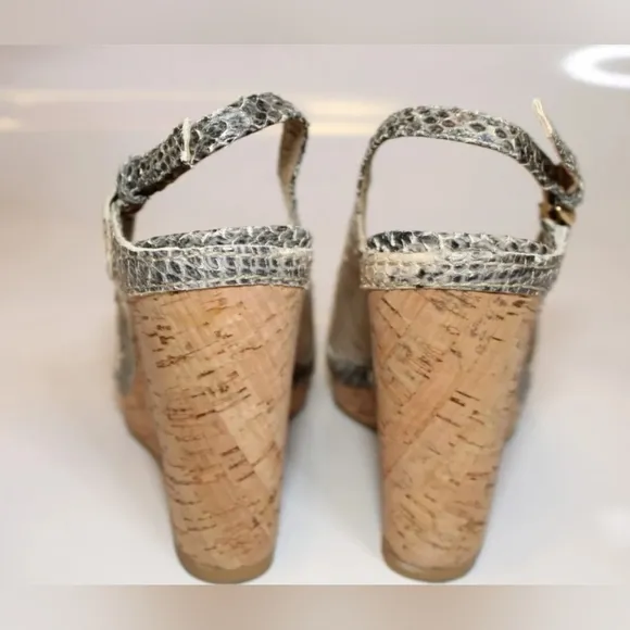 Sale STUART WEITZMAN Snakeskin Leather Slingback Peep Toe cork Wedge Heels