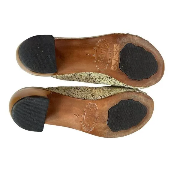 Salphy Handmade Leather Metallic Gold &amp; Silver Mules w/ Wood Heels Size 7