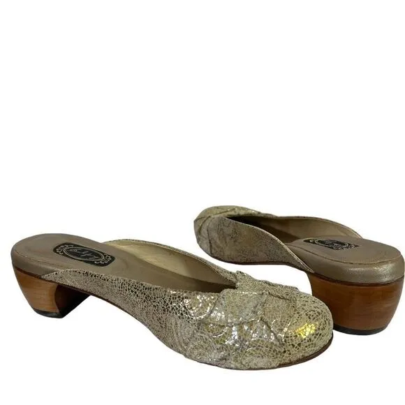 Salphy Handmade Leather Metallic Gold &amp; Silver Mules w/ Wood Heels Size 7