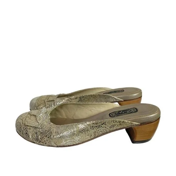 Salphy Handmade Leather Metallic Gold &amp; Silver Mules w/ Wood Heels Size 7
