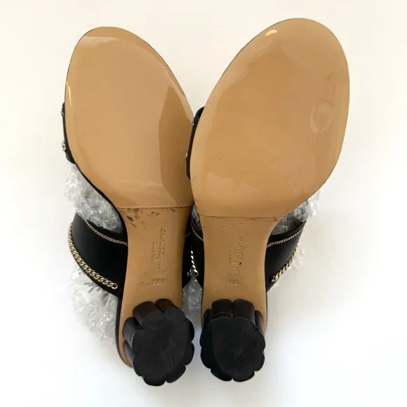 SALVATORE FERRAGAMO BELLUNO BLACK LEATHERGOLD CHAIN SLIDE SANDAL FLOWER HEELS
