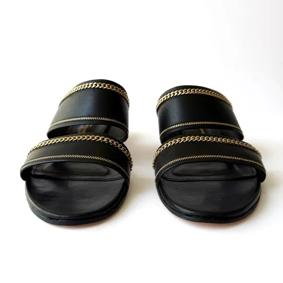 SALVATORE FERRAGAMO BELLUNO BLACK LEATHERGOLD CHAIN SLIDE SANDAL FLOWER HEELS