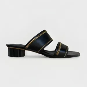 SALVATORE FERRAGAMO BELLUNO BLACK LEATHERGOLD CHAIN SLIDE SANDAL FLOWER HEELS