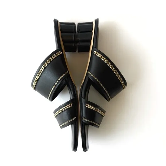 SALVATORE FERRAGAMO BELLUNO BLACK LEATHERGOLD CHAIN SLIDE SANDAL FLOWER HEELS