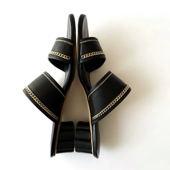 SALVATORE FERRAGAMO BELLUNO BLACK LEATHERGOLD CHAIN SLIDE SANDAL FLOWER HEELS