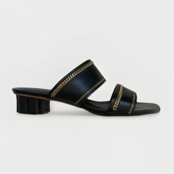 SALVATORE FERRAGAMO BELLUNO BLACK LEATHERGOLD CHAIN SLIDE SANDAL FLOWER HEELS