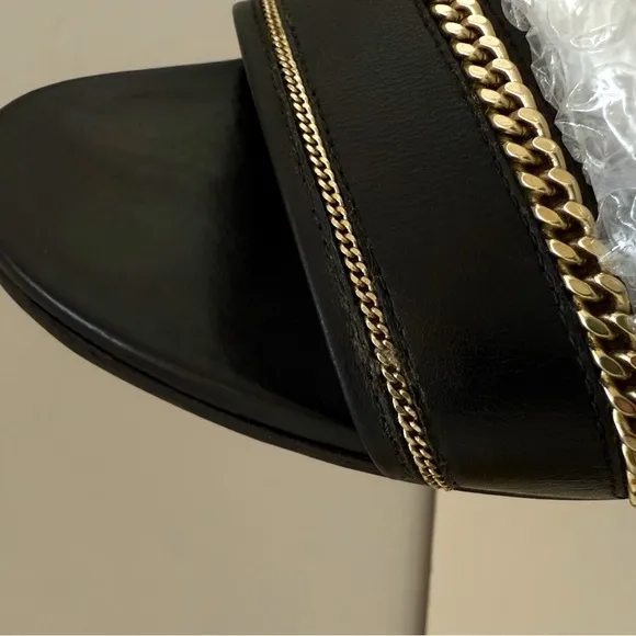 SALVATORE FERRAGAMO BELLUNO BLACK LEATHERGOLD CHAIN SLIDE SANDAL FLOWER HEELS