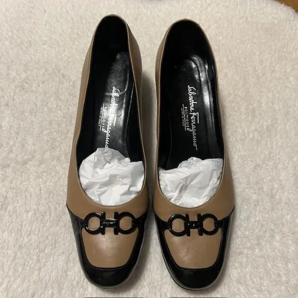 Salvatore Ferragamo Boutique Black Nude Wedge Pumps Shoes Size 8.5