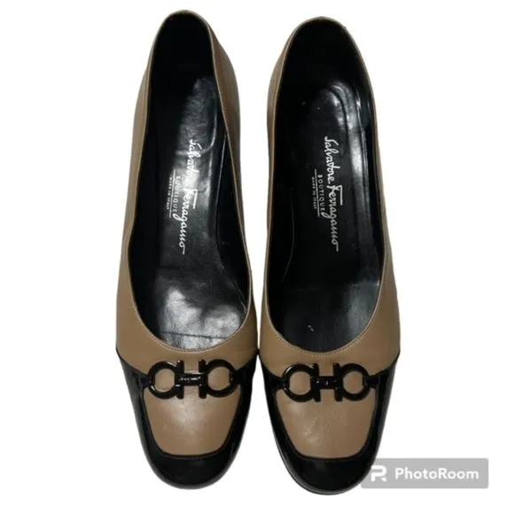 Salvatore Ferragamo Boutique Black Nude Wedge Pumps Shoes Size 8.5