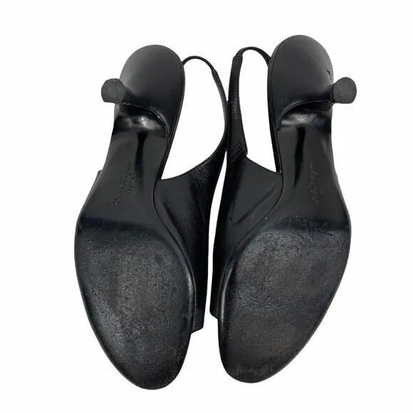 Salvatore Ferragamo Gancini Slingback Sandals Kitten Heel Black Size 7.5B