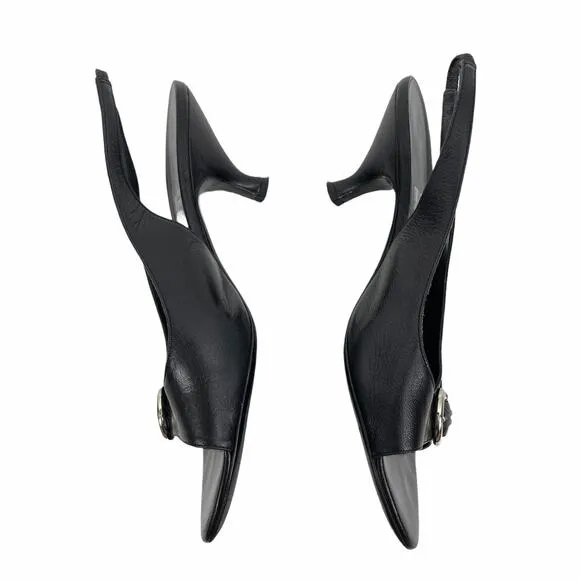 Salvatore Ferragamo Gancini Slingback Sandals Kitten Heel Black Size 7.5B