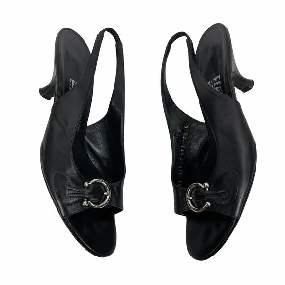 Salvatore Ferragamo Gancini Slingback Sandals Kitten Heel Black Size 7.5B