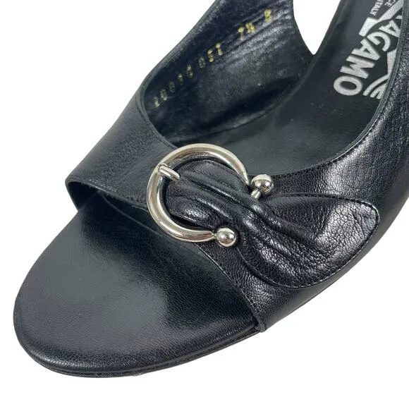 Salvatore Ferragamo Gancini Slingback Sandals Kitten Heel Black Size 7.5B