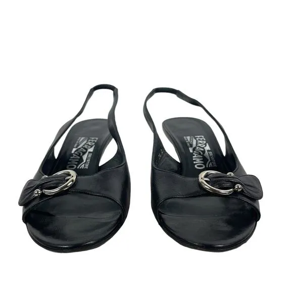 Salvatore Ferragamo Gancini Slingback Sandals Kitten Heel Black Size 7.5B