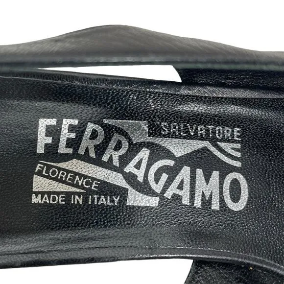 Salvatore Ferragamo Gancini Slingback Sandals Kitten Heel Black Size 7.5B