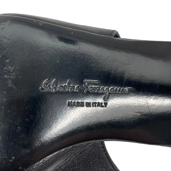 Salvatore Ferragamo Gancini Slingback Sandals Kitten Heel Black Size 7.5B