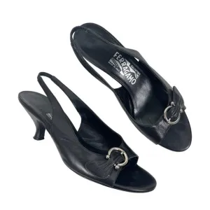 Salvatore Ferragamo Gancini Slingback Sandals Kitten Heel Black Size 7.5B