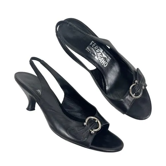 Salvatore Ferragamo Gancini Slingback Sandals Kitten Heel Black Size 7.5B