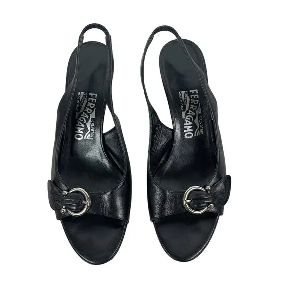 Salvatore Ferragamo Gancini Slingback Sandals Kitten Heel Black Size 7.5B