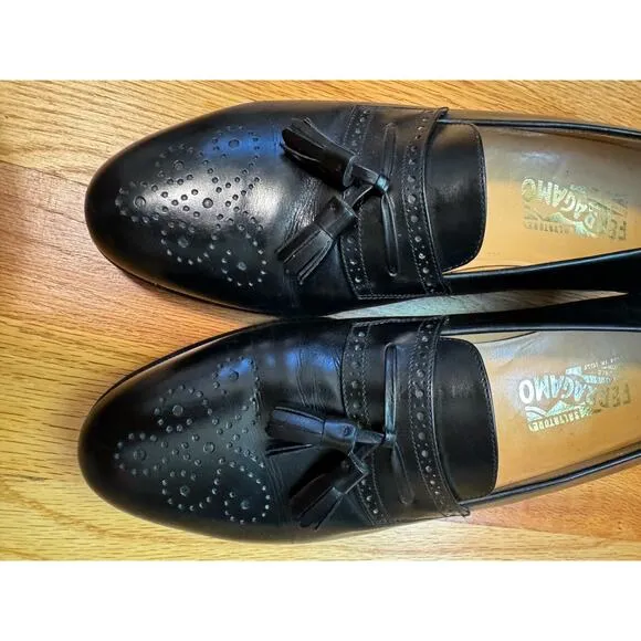 Salvatore Ferragamo Men's Caronte Wingtip Tassel Black Loafers Shoes size 10