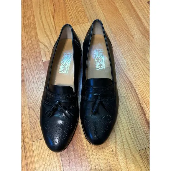 Salvatore Ferragamo Men's Caronte Wingtip Tassel Black Loafers Shoes size 10