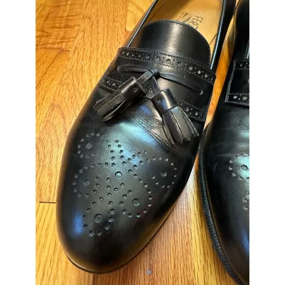 Salvatore Ferragamo Men's Caronte Wingtip Tassel Black Loafers Shoes size 10
