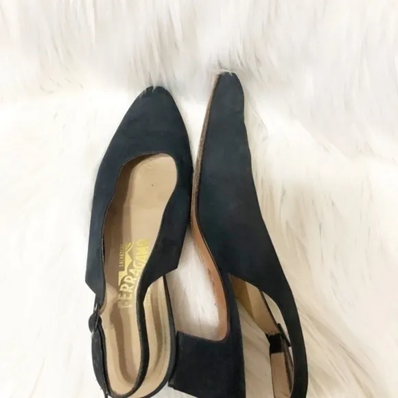 Salvatore Ferragamo Navy Suede Sling Back Shoes